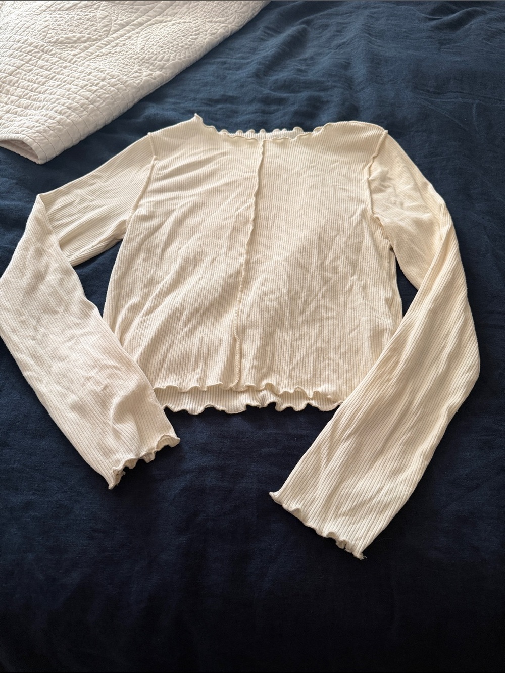 aerie Cream Ribbed Lettuce-Edge Long Sleeve Top